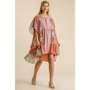 Umgee Mixed Print Floral Leopard Boho Kimono‎ Duster Small Medium Cardigan Flowy